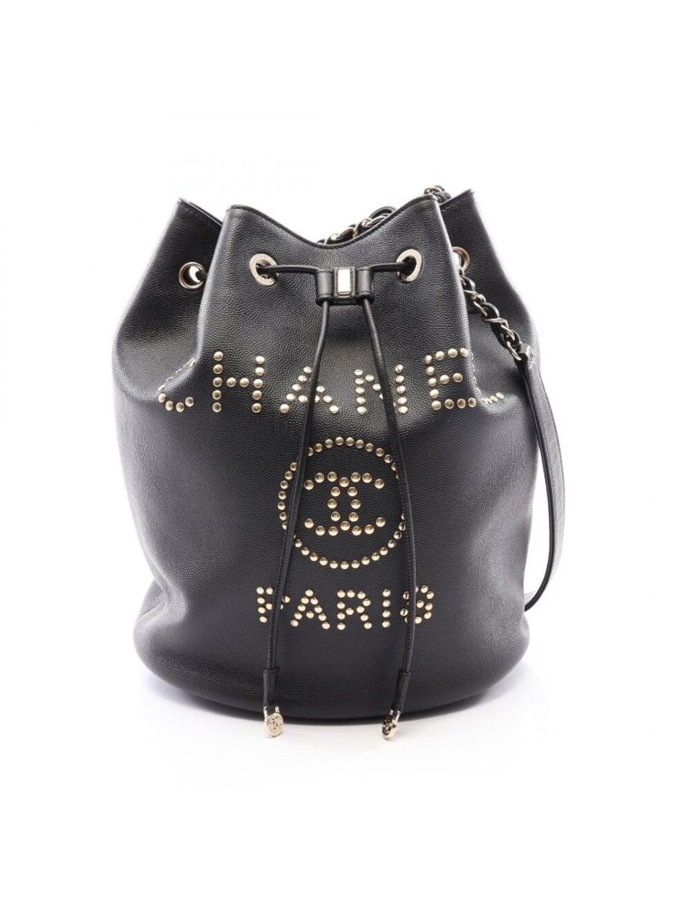 Chanel Shoulder Bag Deauville Drawstring Black Caviar Leather Logo Studs